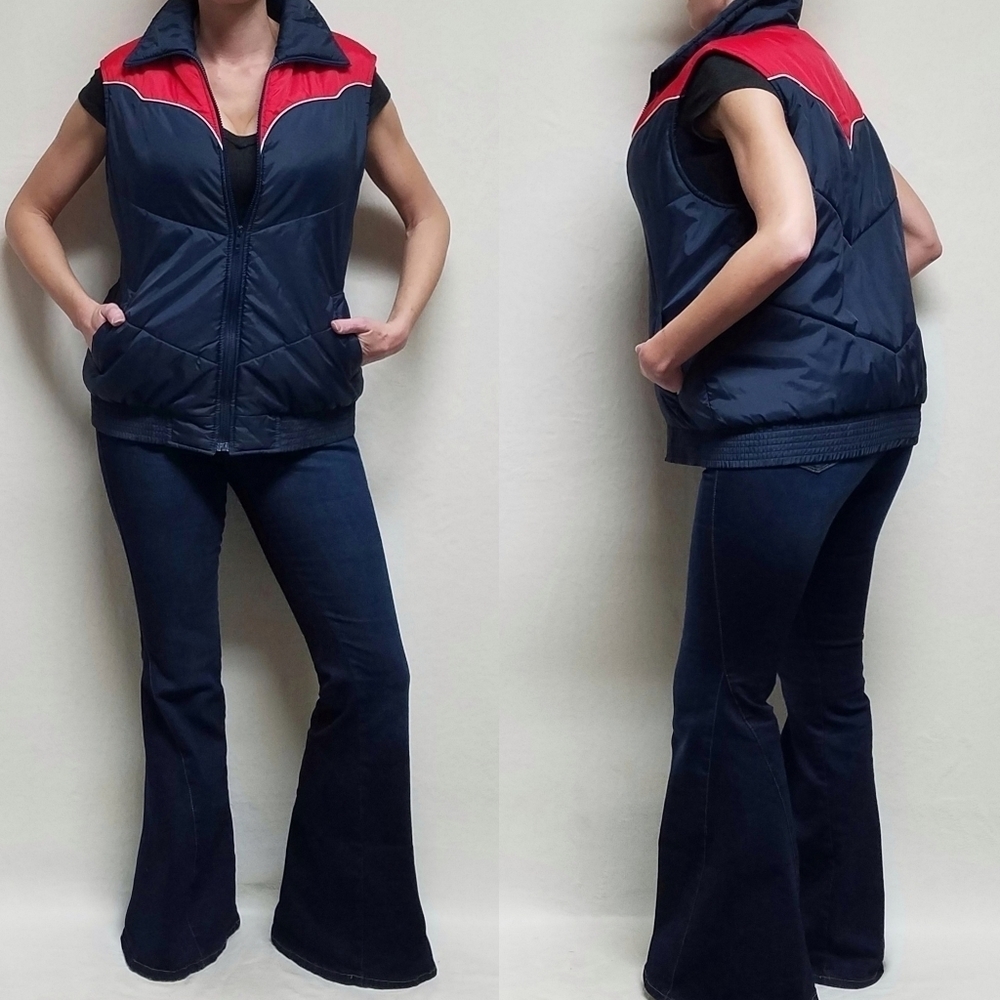 VINTAGE 70s Windbreaker Red Blue Colorblock Western Insulated Puffer Vest Large